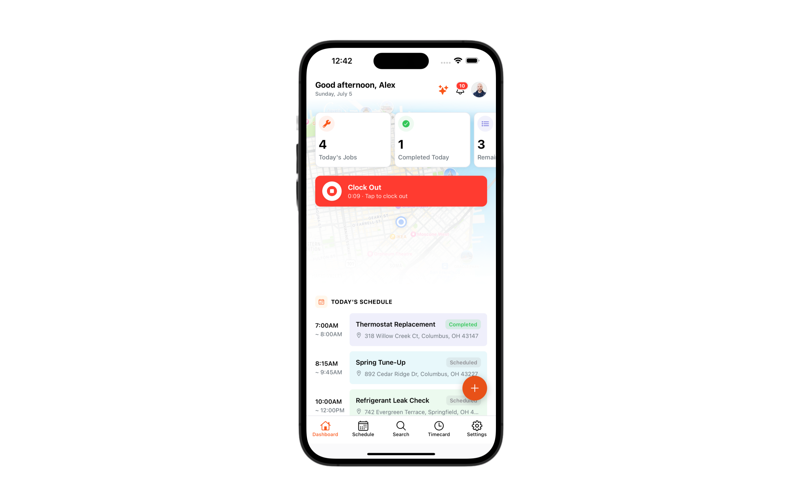 BizRocket mobile app on iPhone showing technician dashboard and today's schedule