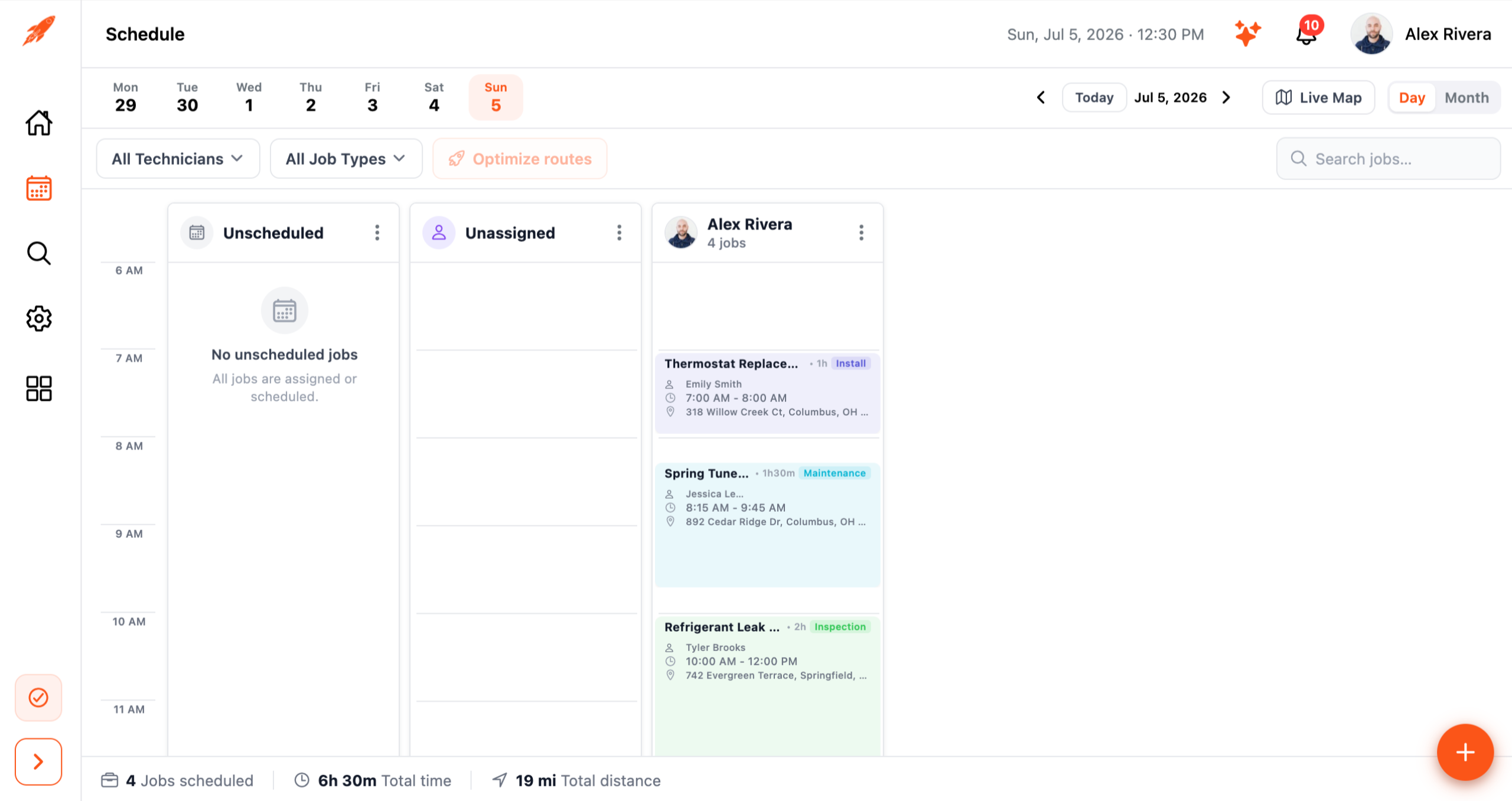 BizRocket schedule view with day dispatch board and technician assignments