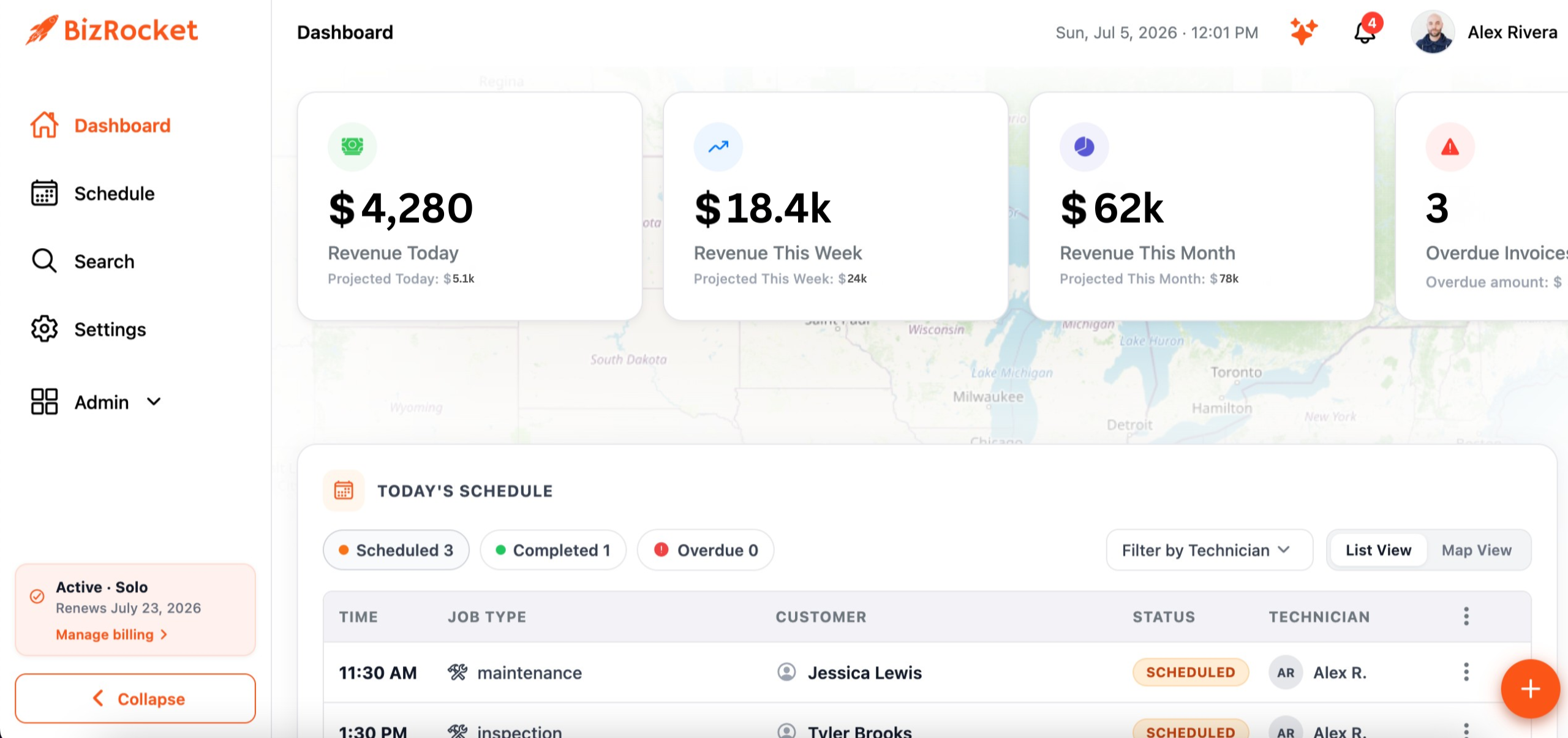 BizRocket web app dashboard with schedule, revenue metrics, and job management